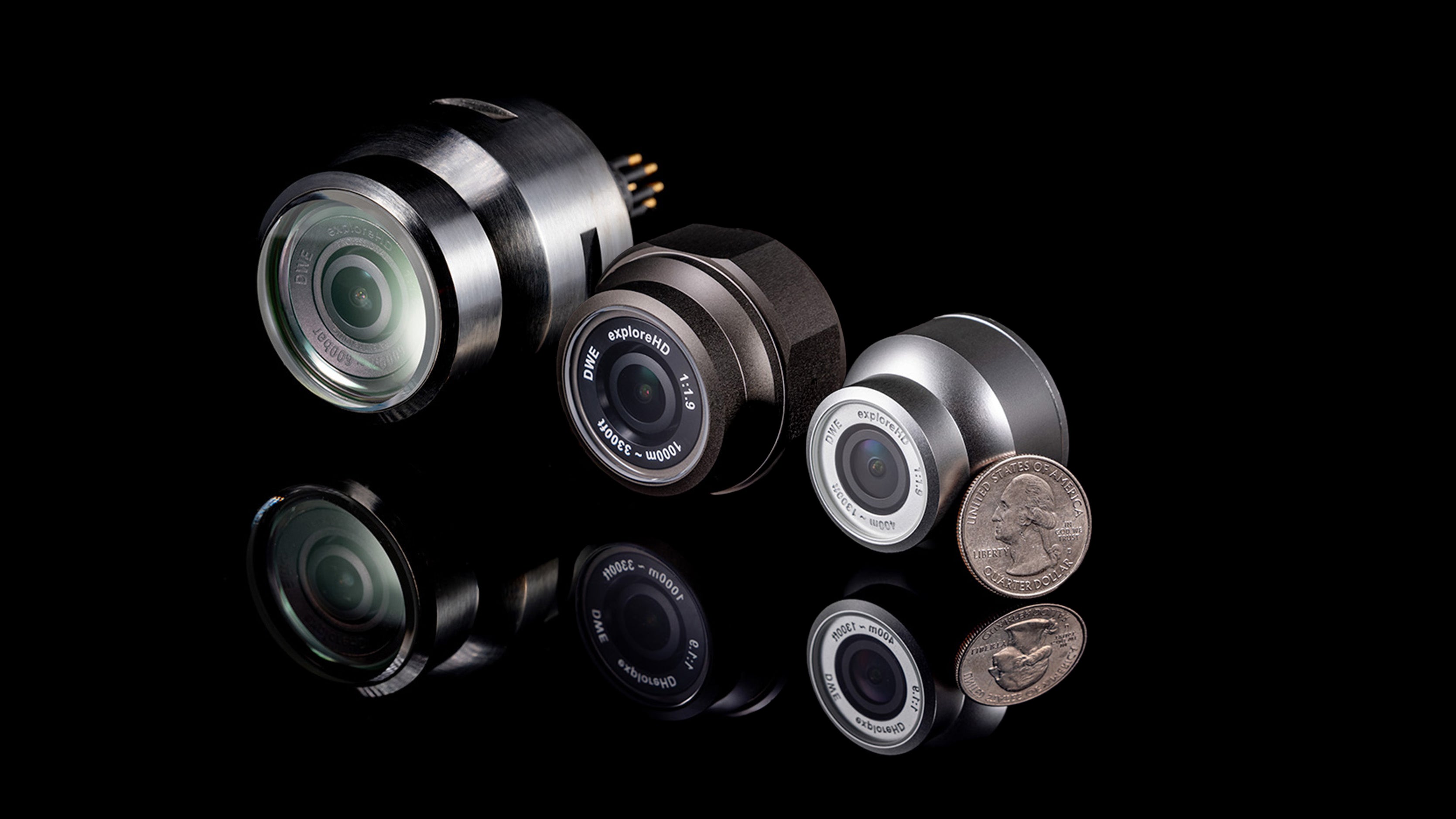 A collection of DeepWater Exploration's HD underwater cameras from the General Vision line, including compact exploreHD models. Ideal as ROV cameras, these systems provide high-definition, reliable imaging for subsea inspections and ocean science.