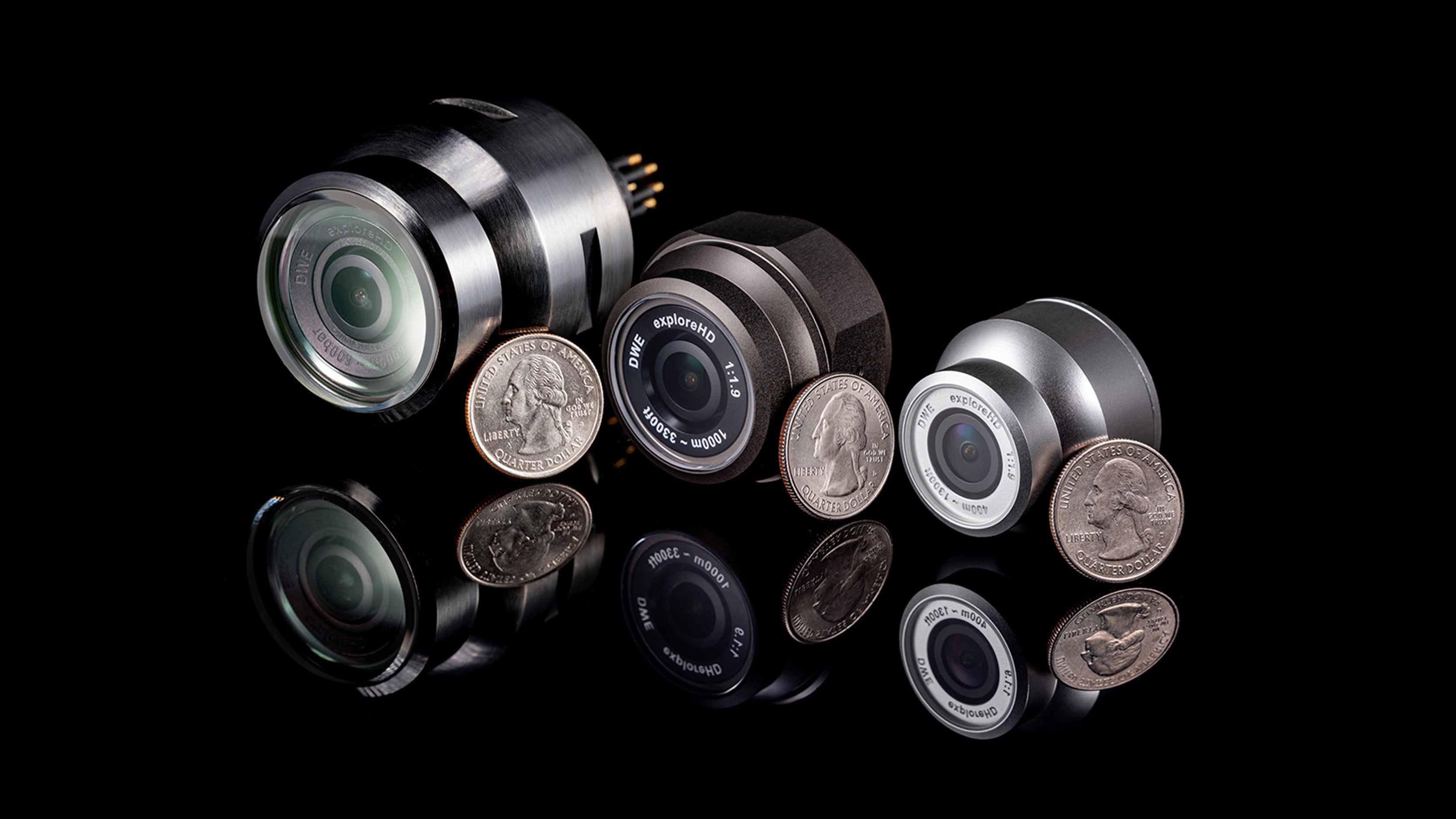 A collection of DeepWater Exploration's HD underwater cameras from the General Vision line, including compact exploreHD models. Ideal as ROV cameras, these systems provide high-definition, reliable imaging for subsea inspections and ocean science.