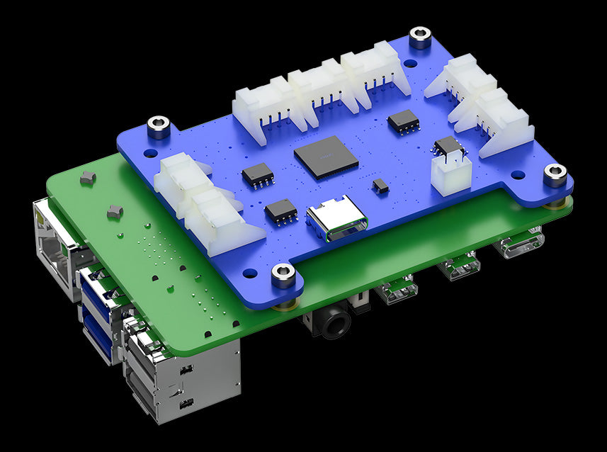 The DeepWater Exploration 7-Port USB Multiplexer board shown mounted directly on top of a Raspberry Pi, illustrating a compact and integrated solution for expanding USB connectivity for multiple devices in ROV, AUV, and embedded subsea systems.
