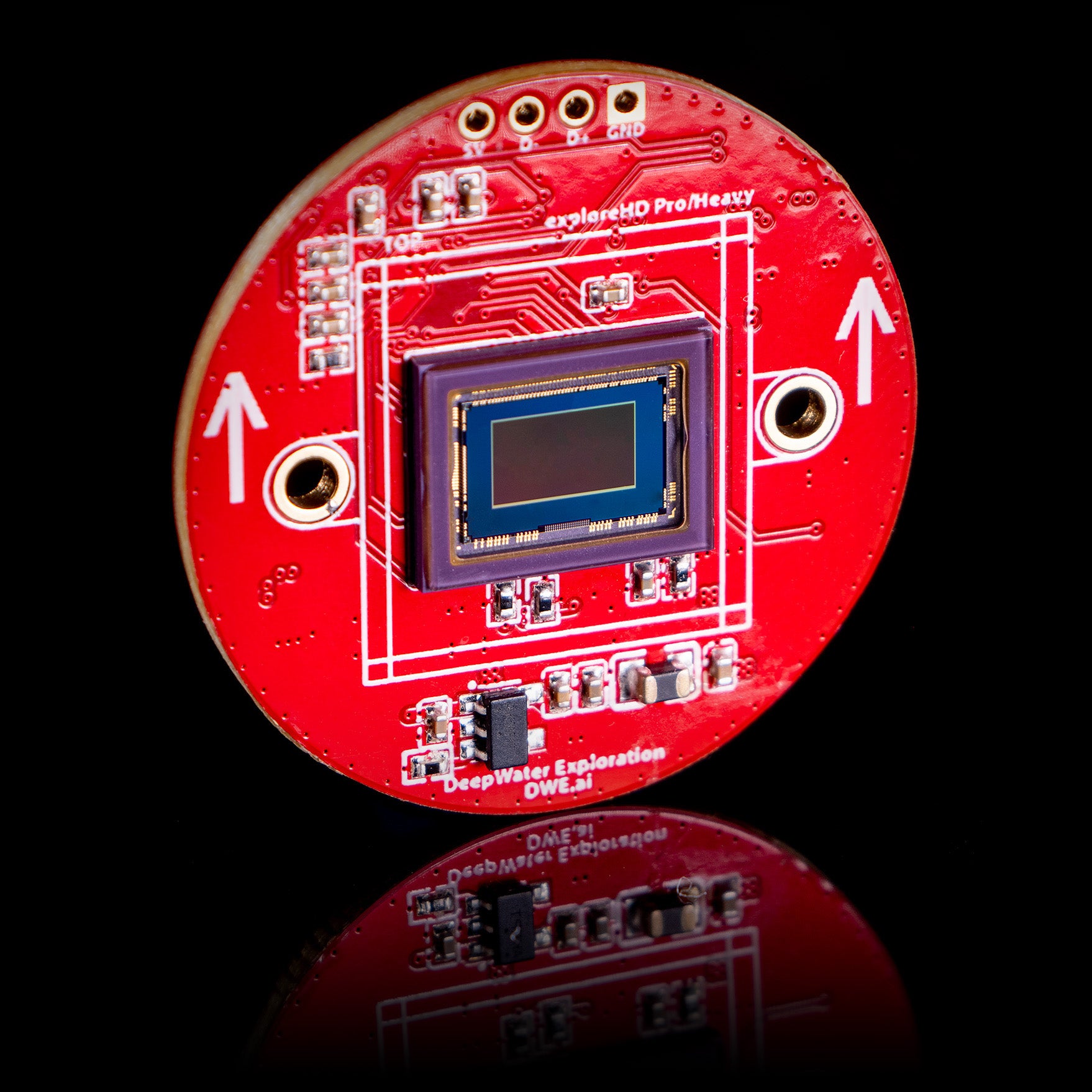 The DeepWater Exploration exploreHD Heavy/Pro subsea camera Printed Circuit Board (PCB), showcasing the central 1/2.8” Sony Exmor™ STARVIS CMOS image sensor enabling 1080p HD video and H.264/MJPEG compression. This critical component drives the high-resolution imaging for ROV and AUV operations.