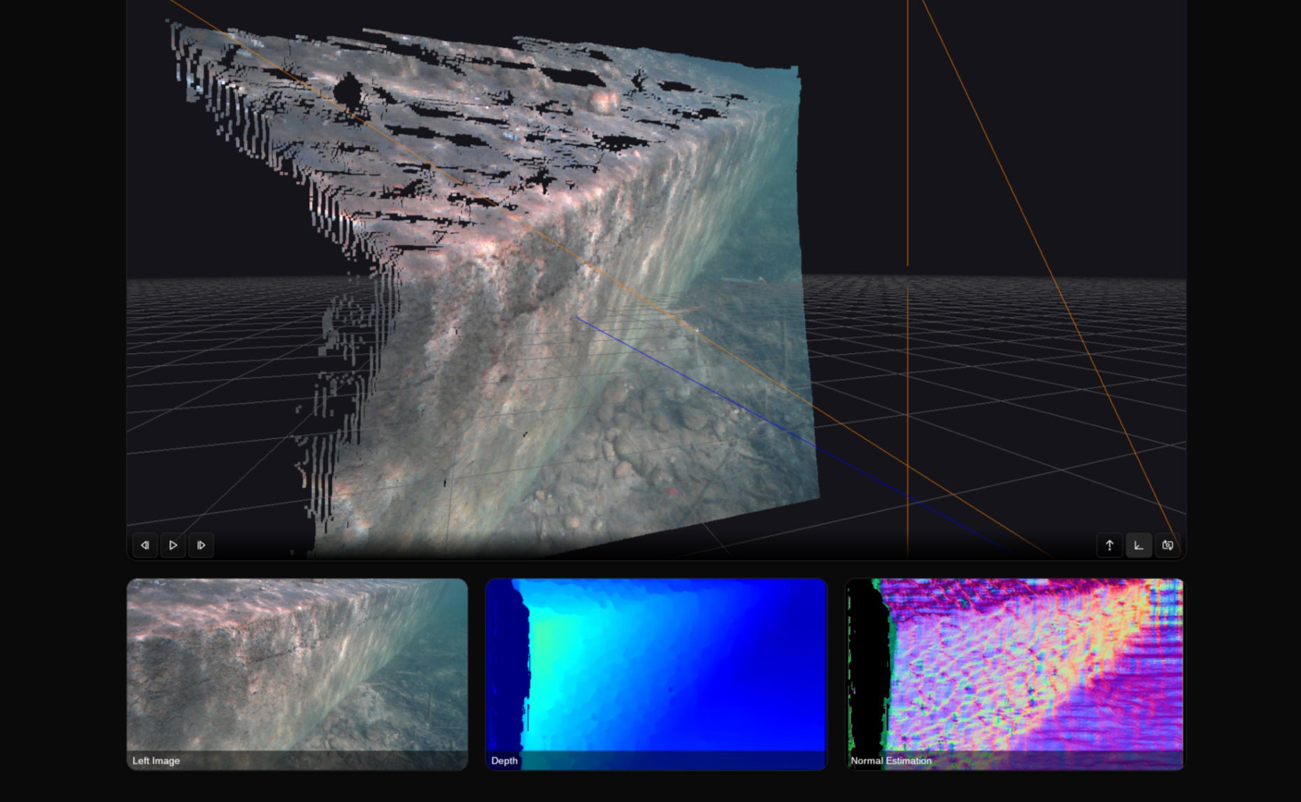 DeepWater Exploration's (DWE.ai) Point Cloud Viewer software displaying real-time 3D reconstruction from a subsea stereo vision camera system. This showcases DWE's advanced capabilities in subsea 3D imaging and machine vision for ROV/AUV applications.