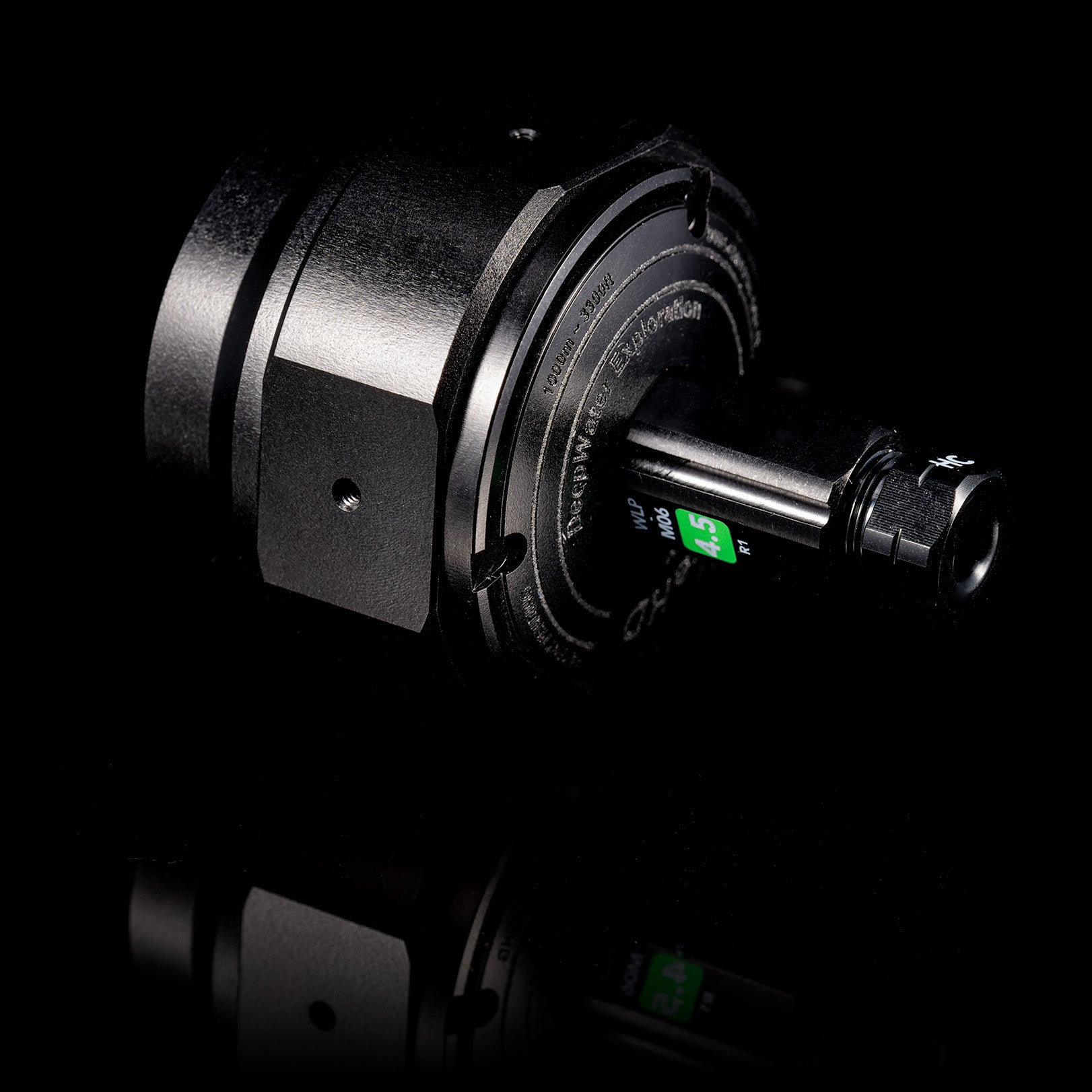 Rear view of a DeepWater Exploration (DWE.ai) stellarHD subsea machine vision camera, showcasing the integrated WetLink connector. This robust underwater connector ensures reliable power and data transmission for ROVs, AUVs, and ASVs operating in challenging maritime robotics environments.