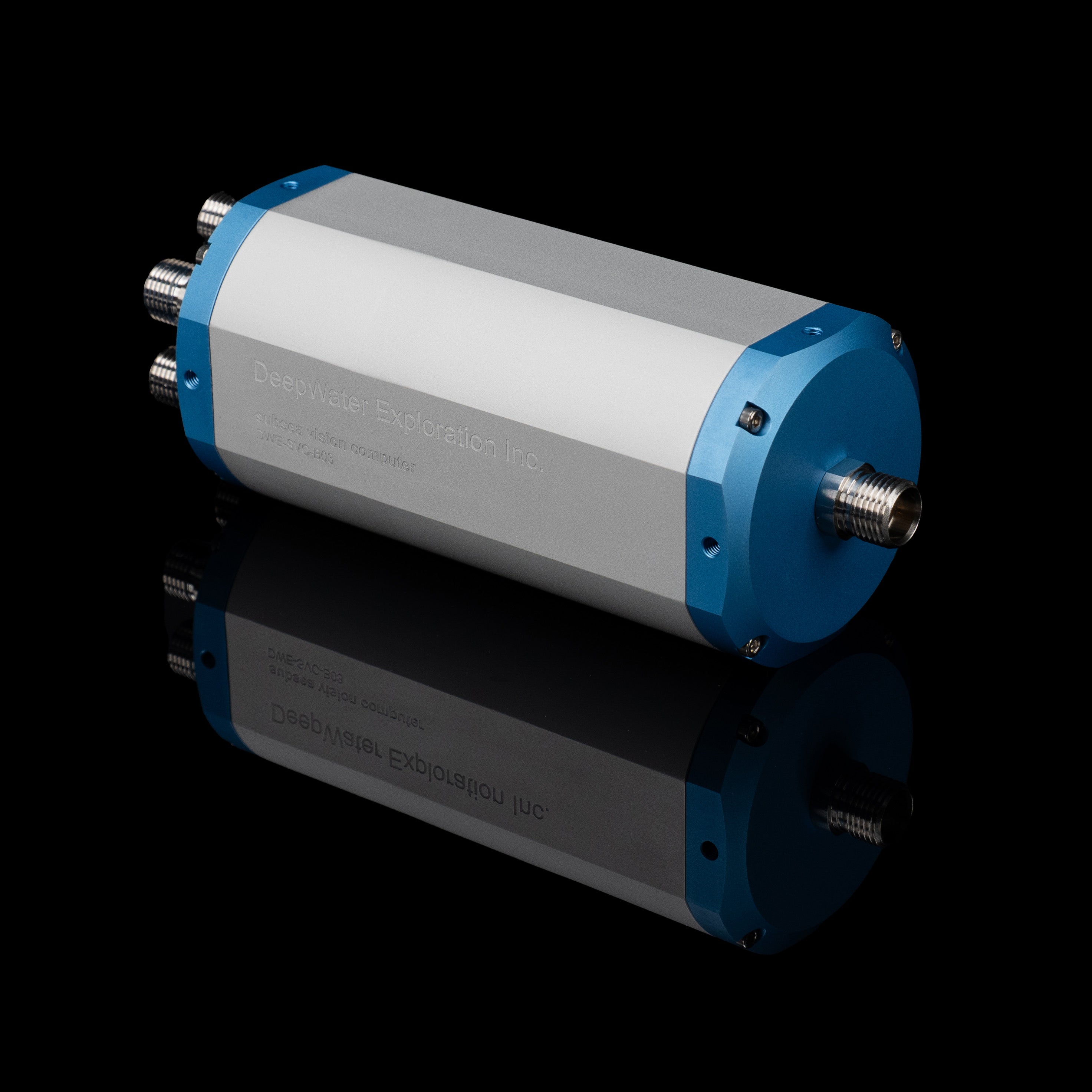 Right angled view of DeepWater Exploration's Subsea Vision Computer (SVC), compact POE-compatible board for AI-enhanced imaging in autonomous marine robotics