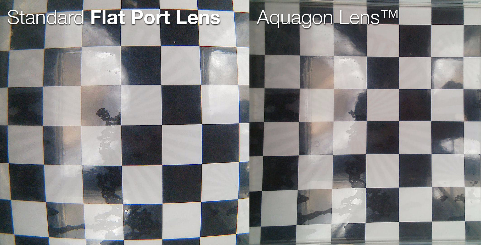 Side-by-side comparison of a standard flat port lens vs. the Aquagon™ lens, demonstrating low-distortion underwater imaging. The Aquagon™ lens provides superior edge-to-edge clarity, reduced chromatic aberration, and enhanced optical precision for ROVs, AUVs, and subsea inspections.