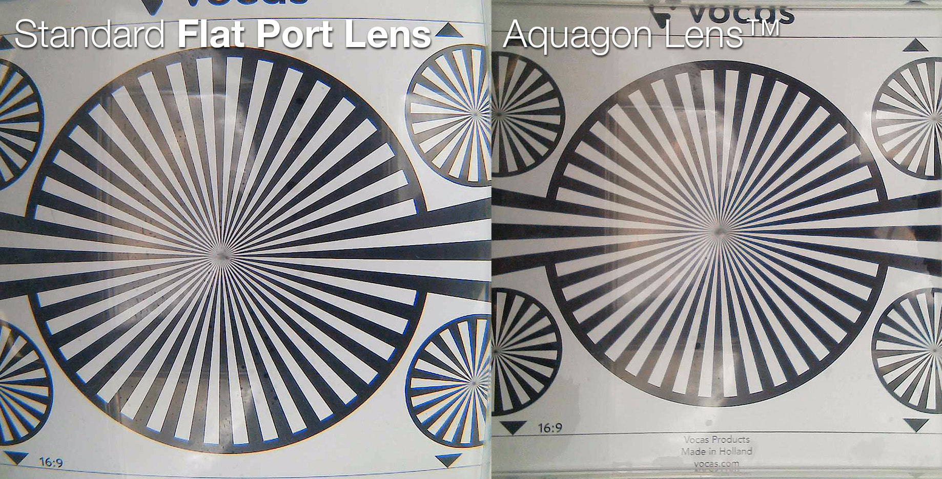 Side-by-side comparison of a standard flat port lens vs. the Aquagon™ lens, showcasing wide field-of-view (FOV) and optical clarity improvements. The Aquagon™ lens minimizes distortion and chromatic aberration, delivering high-resolution underwater imaging for ROVs, AUVs, and industrial subsea applications.