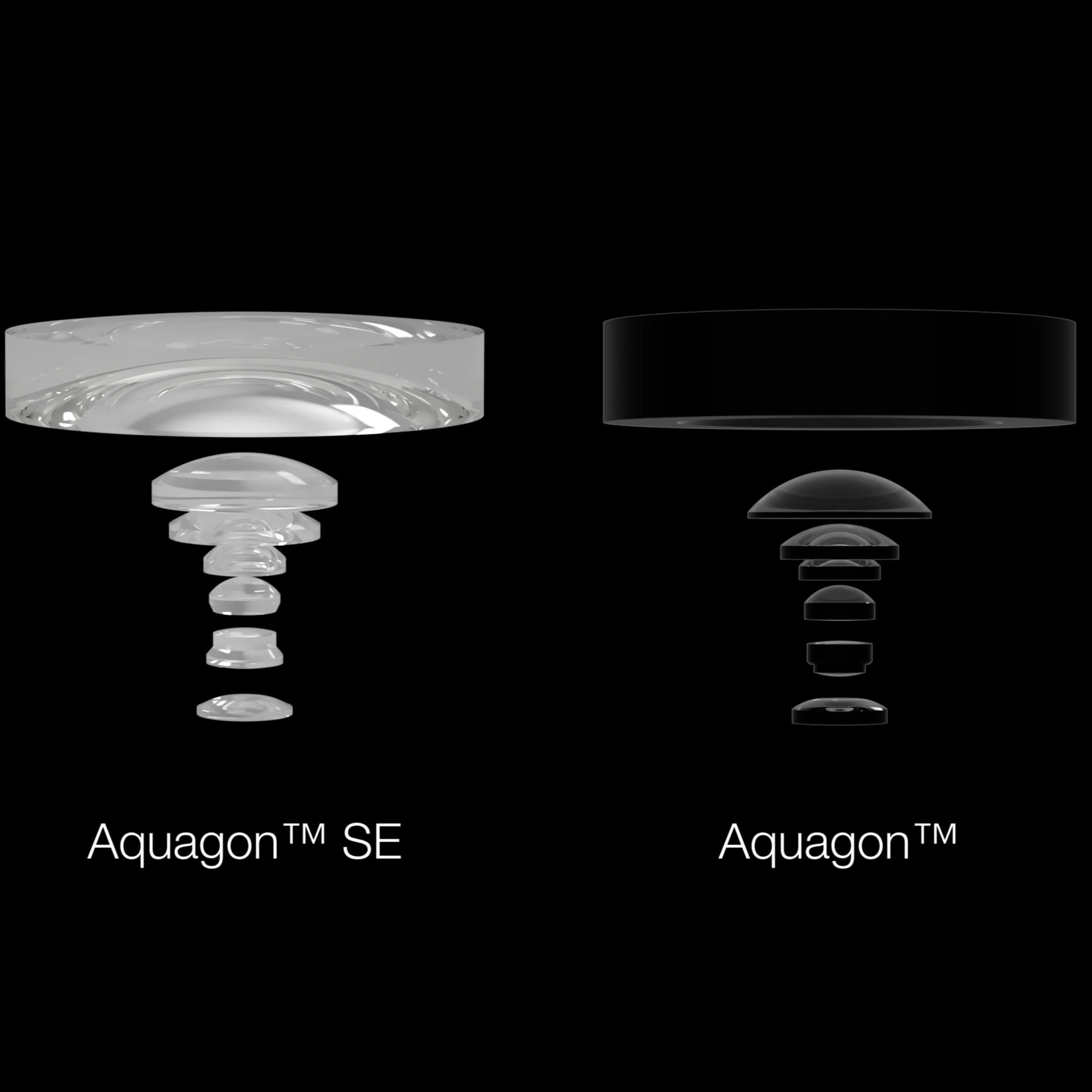 Exploded view comparison of the Aquagon™ SE and Aquagon™ underwater lenses, showcasing their multi-element optical design for high-clarity subsea imaging. Engineered for industrial marine applications, these lenses provide distortion-free imaging and enhanced low-light performance.