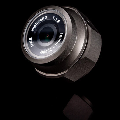 Close-up of the DeepWater Exploration exploreHD Heavy subsea camera, showcasing its 1000m depth-rated, dark gray hard-anodized naval-grade aluminum housing and domed scratch-resistant sapphire lens port. Ideal for reliable HD video on ROVs and AUVs in demanding underwater environments.
