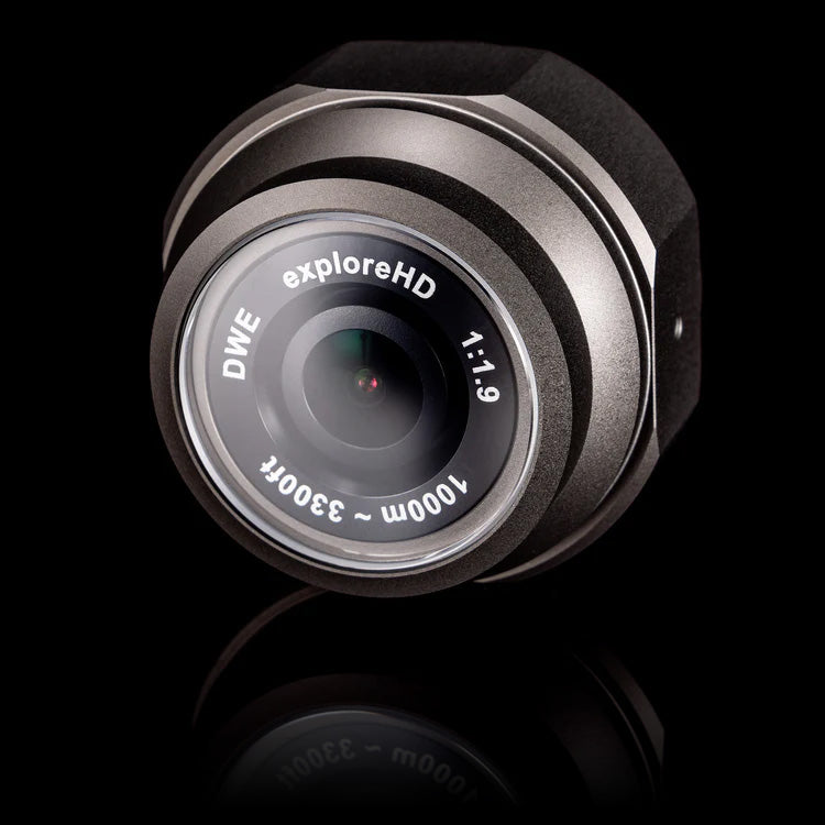Front view of the DeepWater Exploration exploreHD Heavy, a 1000m depth-rated HD subsea camera, highlighting its f/1.9 aperture lens with a domed scratch-resistant sapphire glass port and robust naval-grade aluminum housing for clear, reliable underwater imaging on ROVs and AUVs.