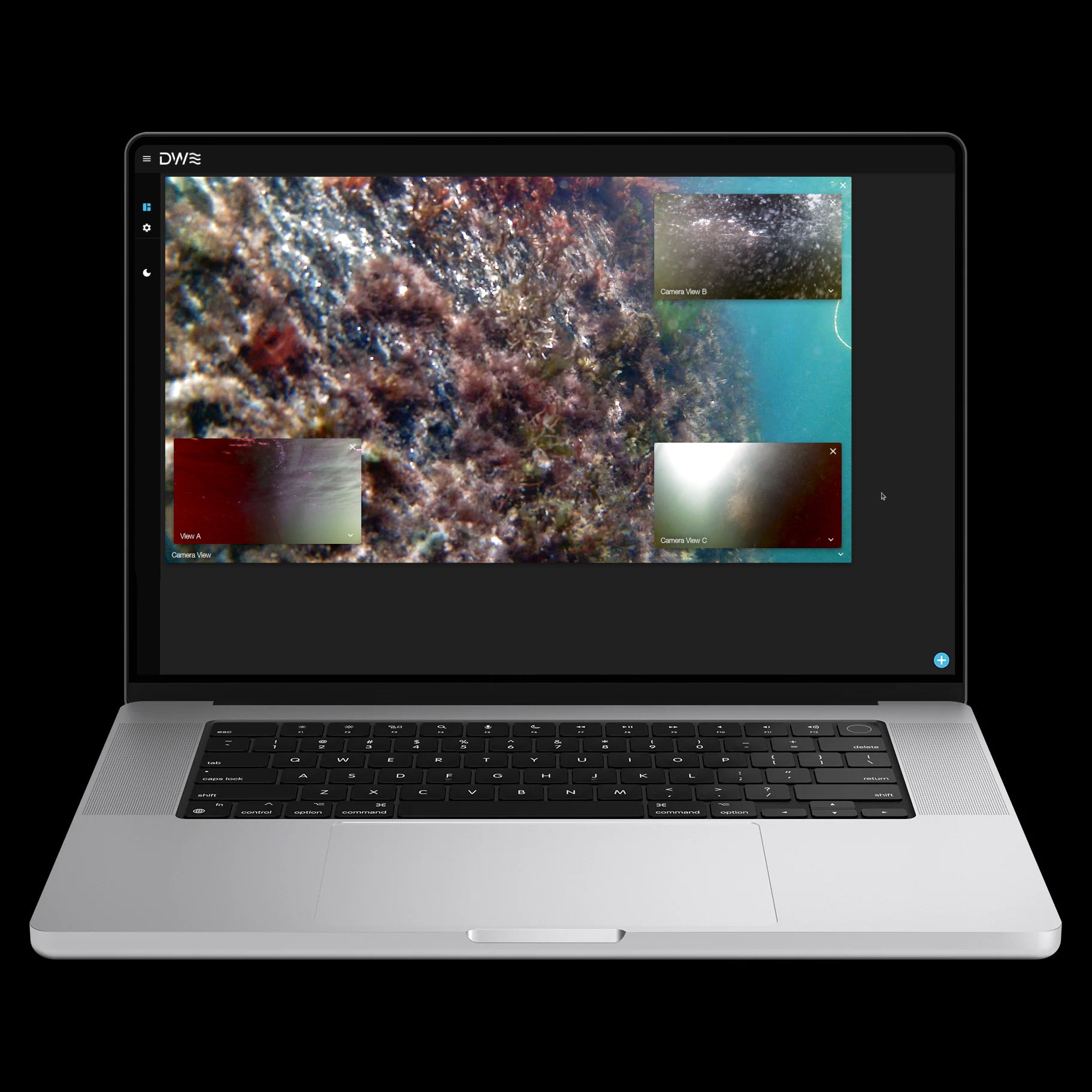 DWE Discovery software interface displayed on a laptop screen, enabling multi-camera video streaming for underwater ROVs, AUVs, and ASVs. The advanced software provides AI-driven image processing, real-time color correction, and synchronized video feeds for subsea inspections, marine research, and offshore operations.