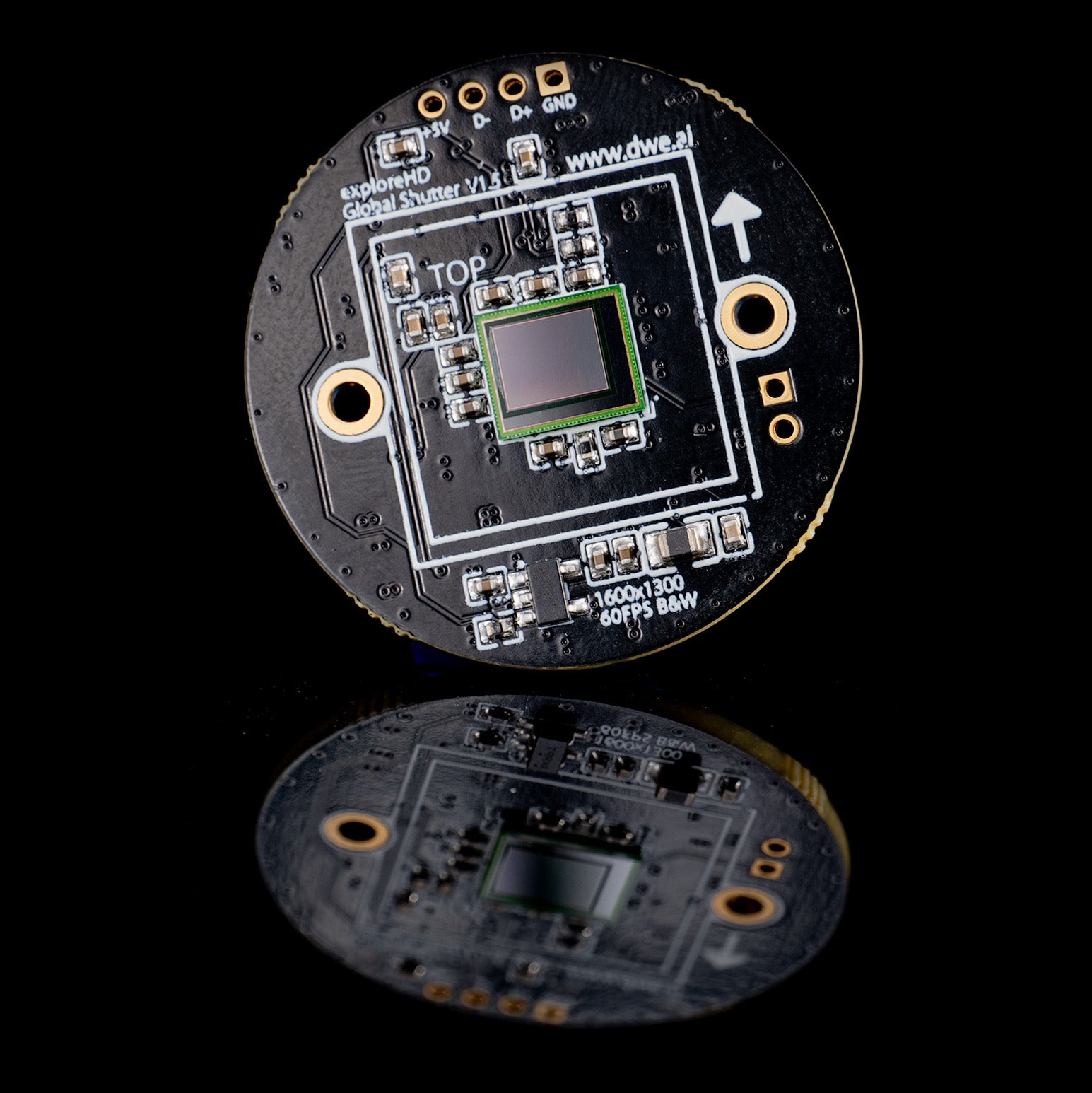 Close-up of the exploreHD Global Shutter PCB by DWE, featuring a high-performance 1600x1300 60FPS monochrome sensor for precision subsea imaging. Designed for ROV, AUV, and marine robotics, this compact circuit board enables low-latency, high-speed underwater vision applications.