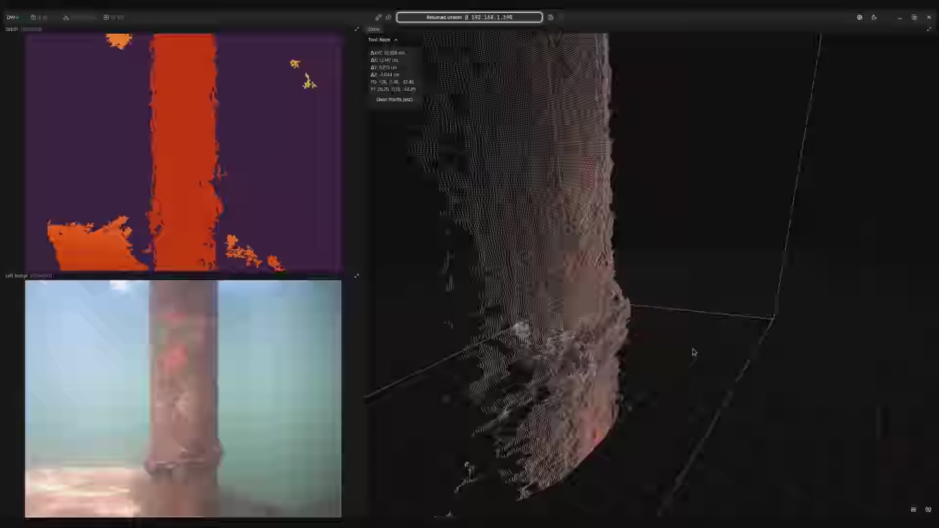 Load video: DeepWater Desktop software interface displaying an all-in-one operator UI for subsea inspection, featuring a live underwater camera feed of a vertical pole structure, a real-time depth map, and a 3D point cloud reconstruction.
