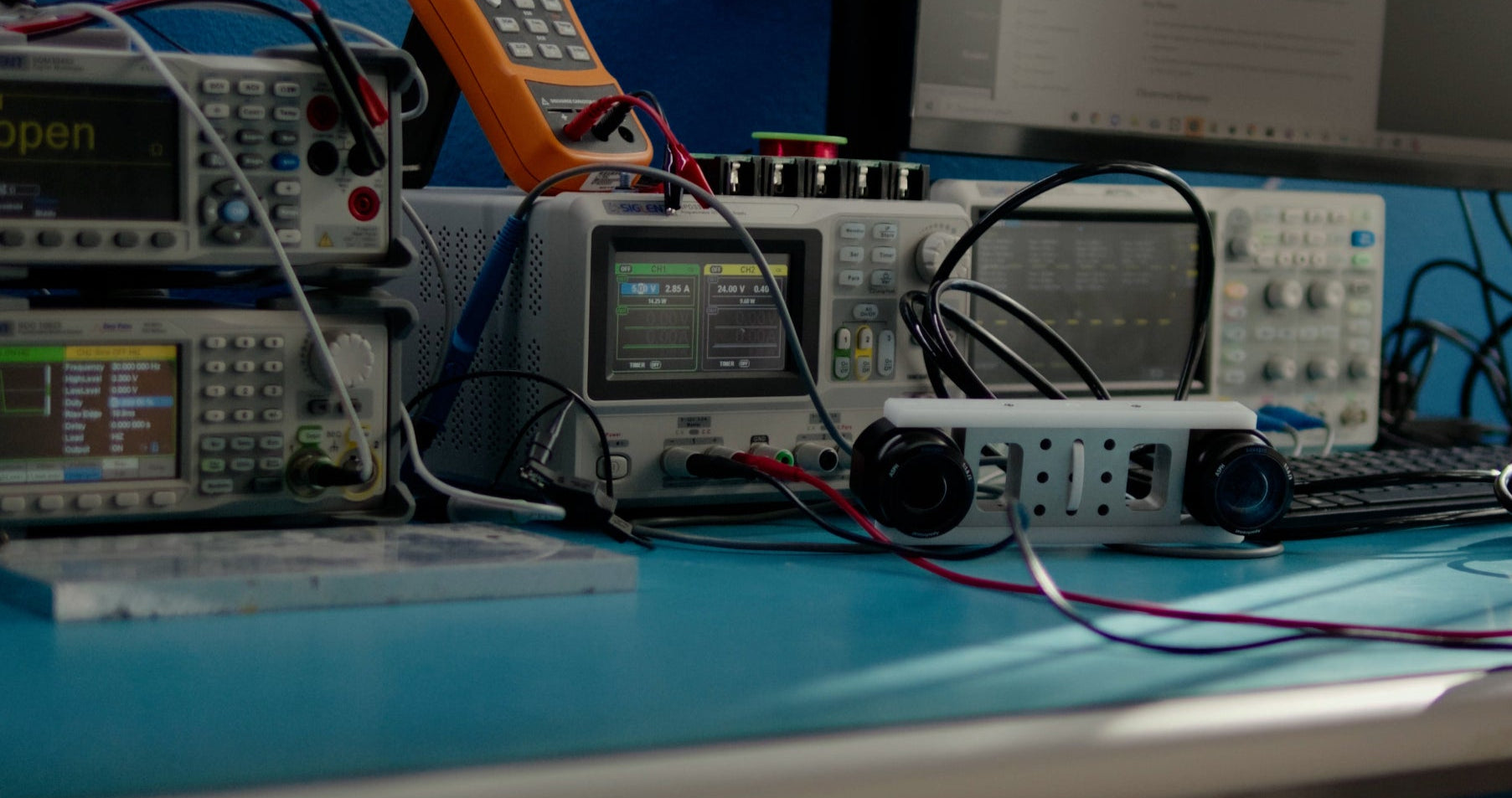 A subsea stereo vision system prototype undergoing precision synchronization testing in a laboratory. Featuring dual high-resolution underwater cameras, this stereo vision system is designed for real-time imaging, AI-driven object detection, and marine robotics integration.